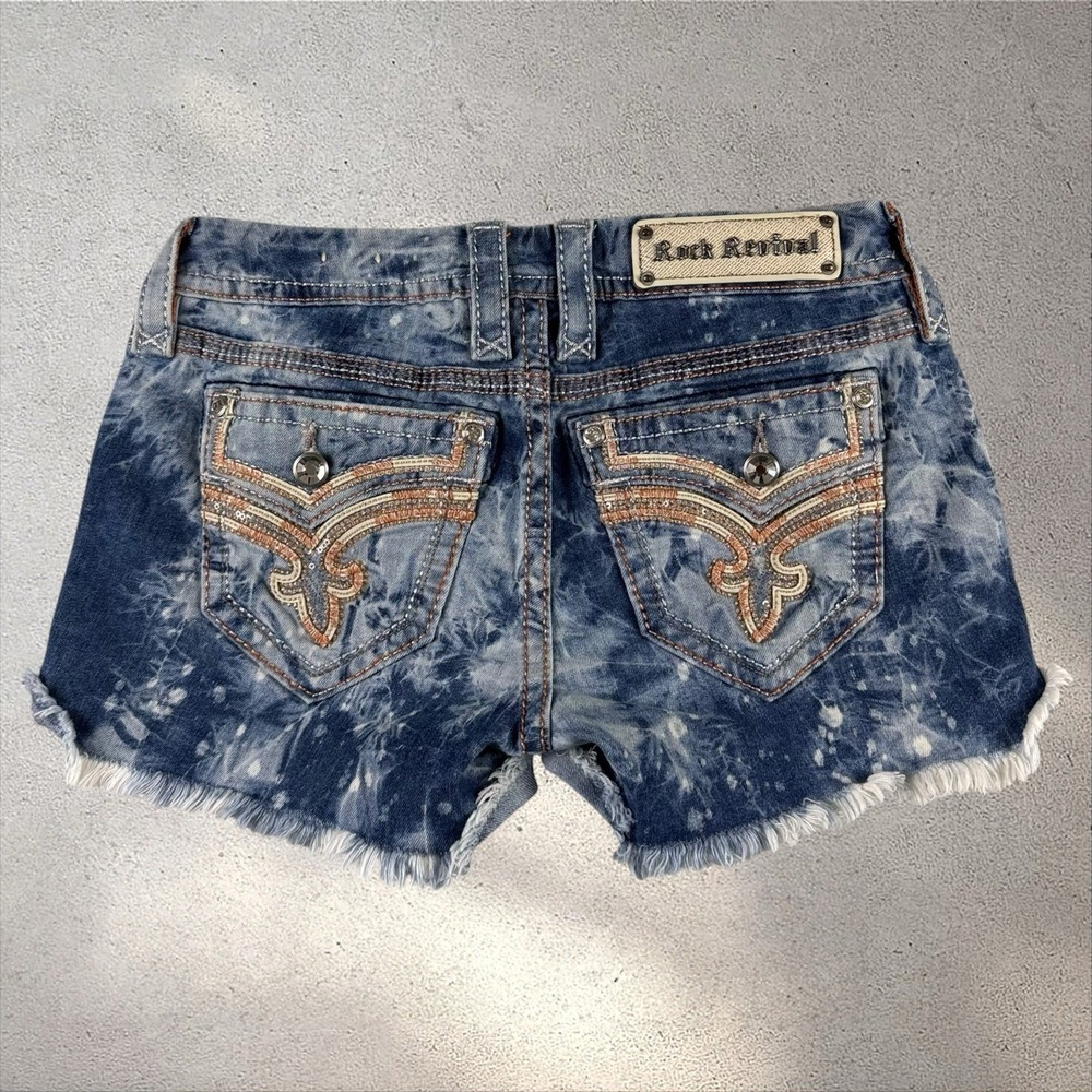 Rock Revival Womens Kira Low Rise Distressed Y2K Jean Shorts Flap Pocket Size 26
